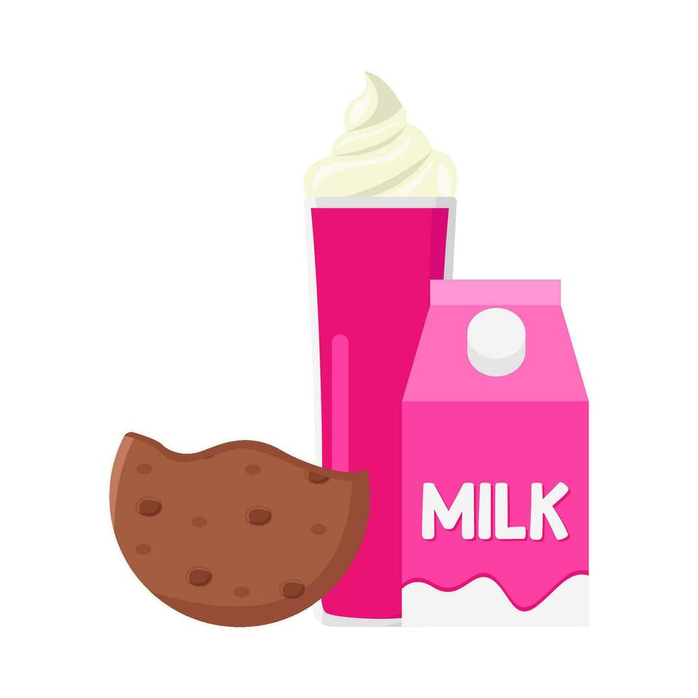 milkshake aardbei, doos melk met koekjes illustratie vector