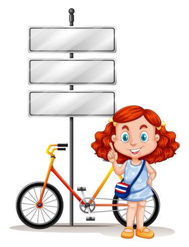 Meisje dat zich naast fiets en tekens bevindt vector