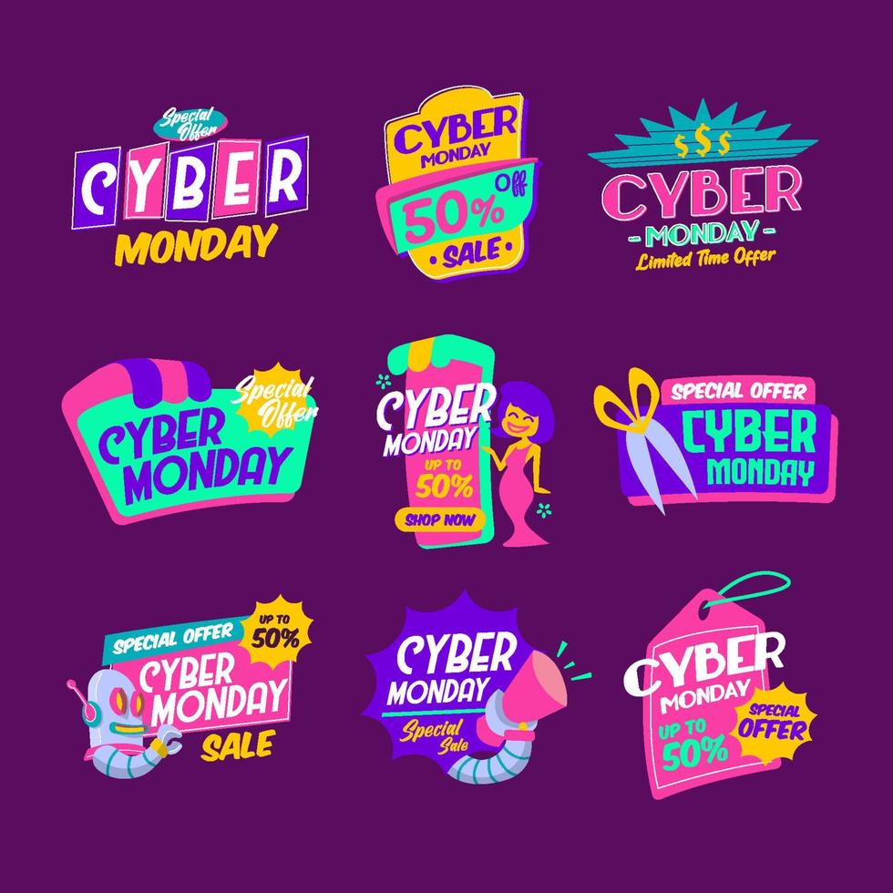 retro stijl van cyber maandag verkoop stickerset vector