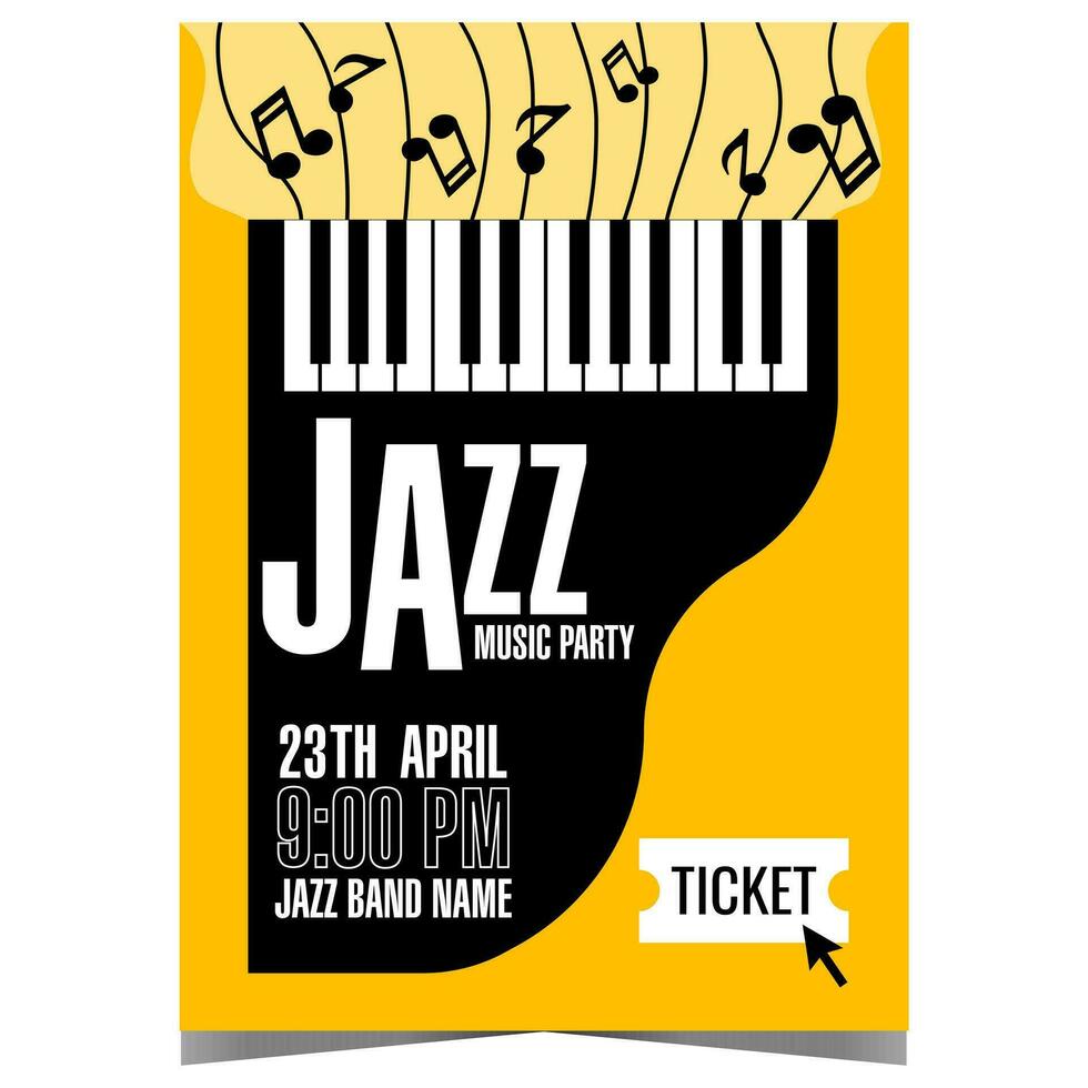 jazz- muziek- partij uitnodiging poster of banier met zwart groots piano en musical aantekeningen Aan geel achtergrond. vector promo brochure of folder voor jazz- concert, muziek- festival of club vermaak evenement.