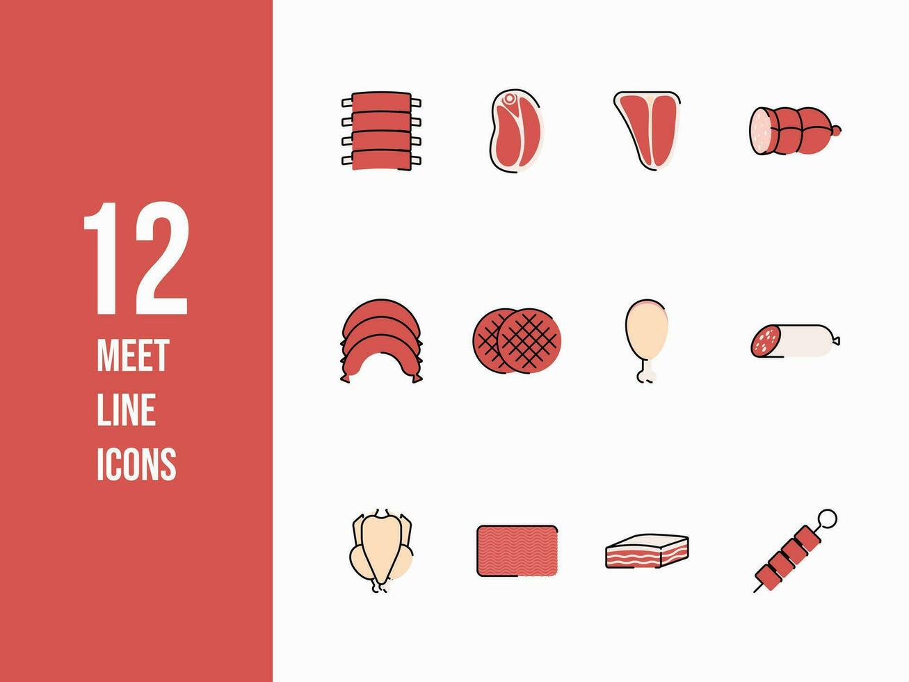 dun lijn voedsel pictogrammen voor web en app. vlees icoon reeks zo net zo kip, worst, ribben en meer. vlak gemakkelijk kleurrijk voedsel vector illustraties.