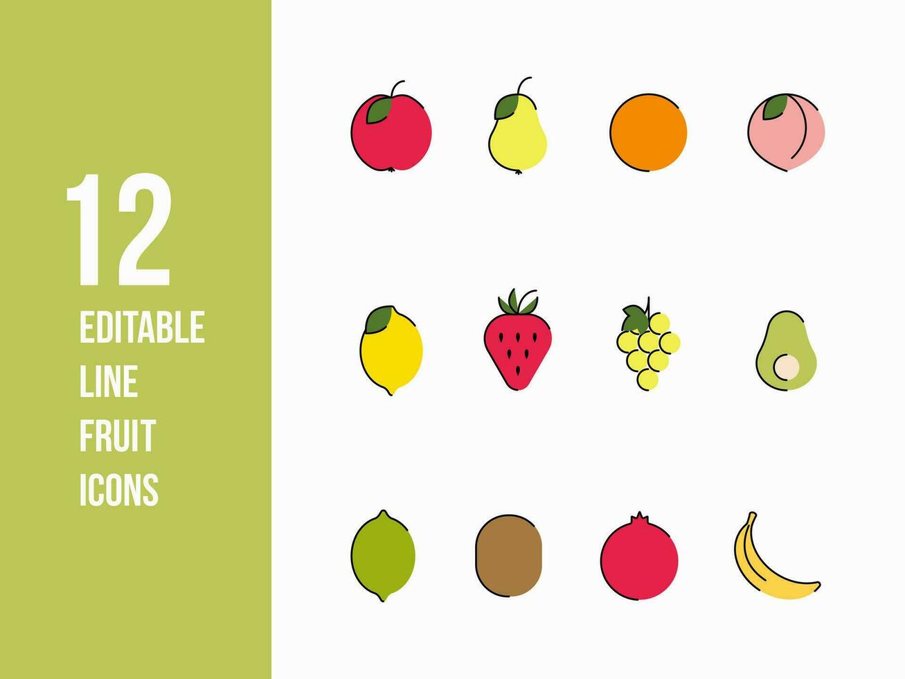 web dun lijn voedsel icoon set. kleurrijk 12 gemakkelijk minimaal fruit vector illustraties zo net zo drakenfruit, ananas, lychee en meer.