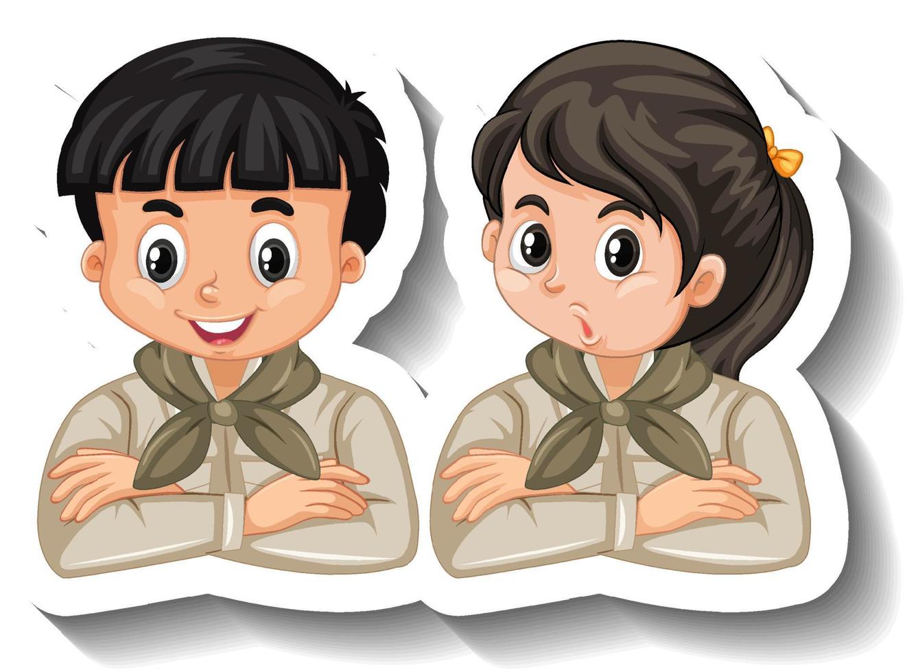 paar kinderen dragen safari-outfit stripfiguursticker vector