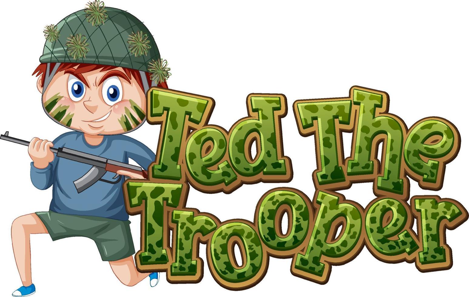 ted the trooper logo tekstontwerp met een jongen die een geweer vasthoudt vector