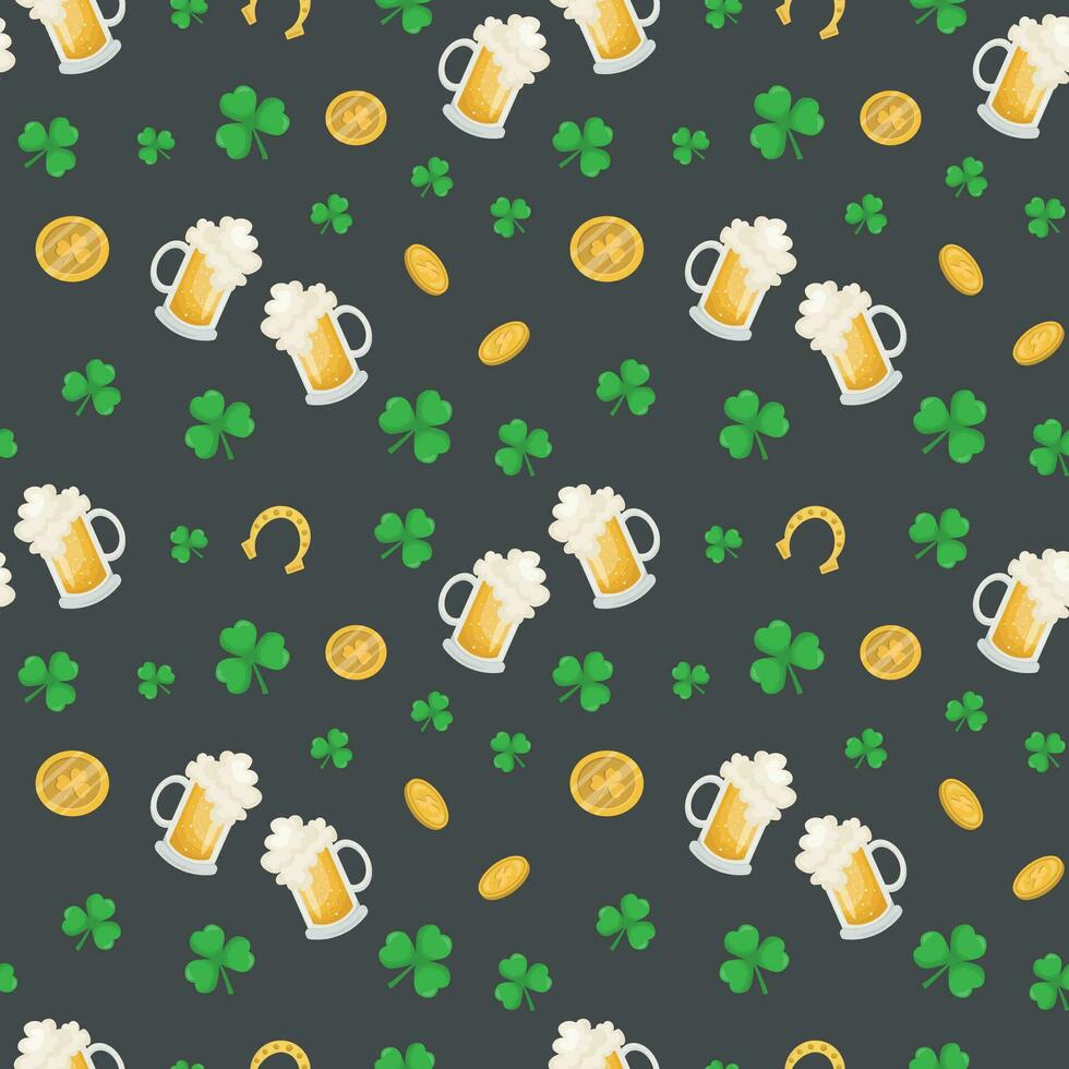 st. Patrick dag naadloos patroon met bier bril, munten, Klaver, hoefijzers Aan donker grijs kleur. vector illustratie.