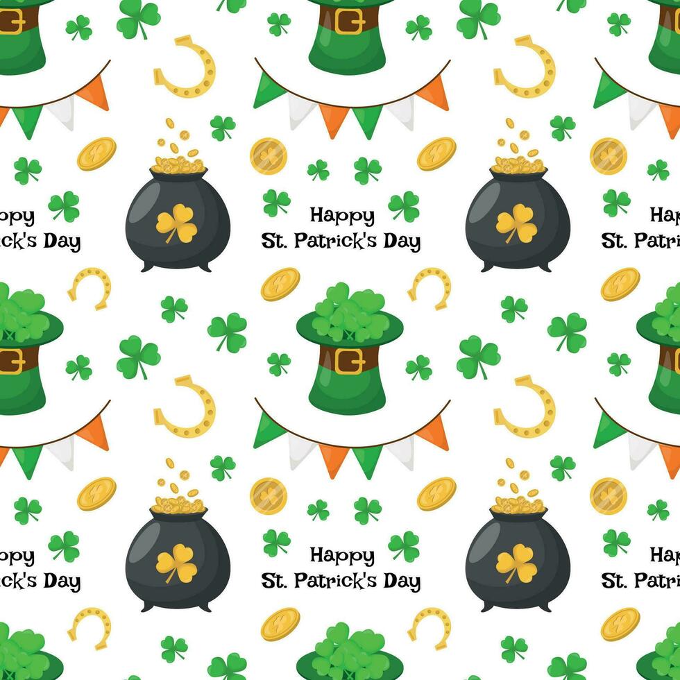 st. Patrick dag naadloos patroon met munten, pot van goud Klaver, hoefijzers Aan een wit achtergrond. vector illustratie.