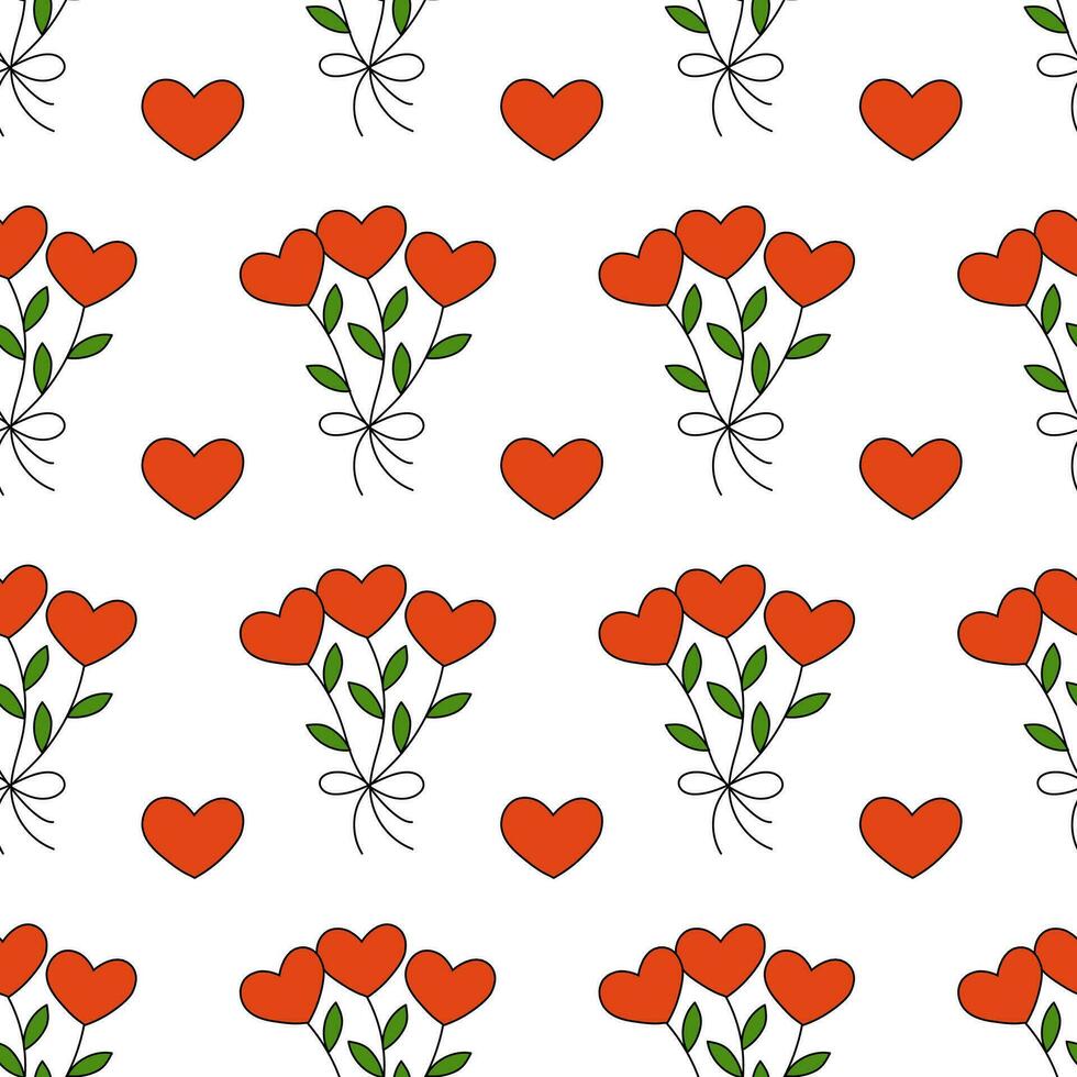 naadloos patroon met boeket van bloemen in de vorm van harten en bladeren. Valentijn dag romantisch achtergrond. vector tekenfilm vlak illustratie.