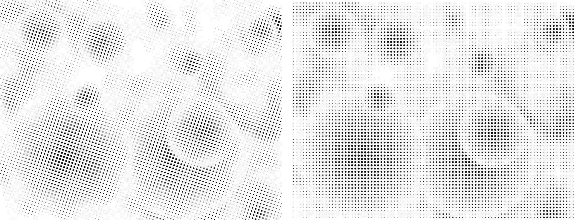 een reeks van vier verschillend abstract dots patronen, een zwart en wit halftone patroon met stippen, een zwart en wit tekening helling dots effect, grunge effect met ronde cirkel dol op structuur vector