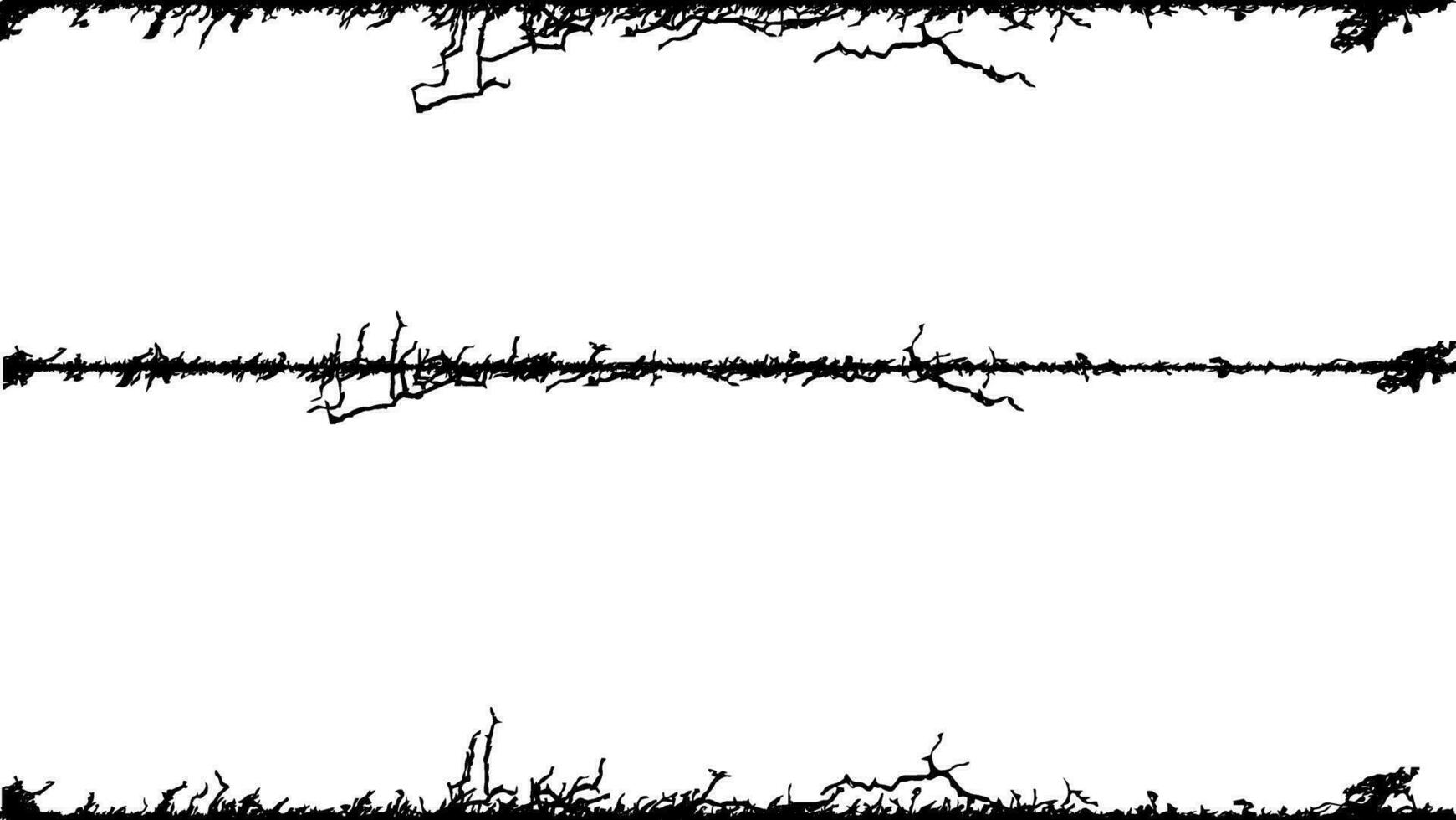 een zwart en wit vector van een draad hek boom met takken, grunge effect, barrière borders stekelig draad randen hek hindernis beperking krachten
