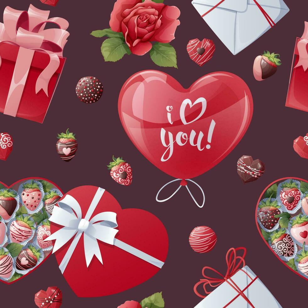 naadloos patroon met geschenk doos, ballon, aardbeien, snoepjes met harten. Super goed voor omhulsel papier, kleding stof, behang, textiel. achtergrond voor Valentijnsdag dag. vector