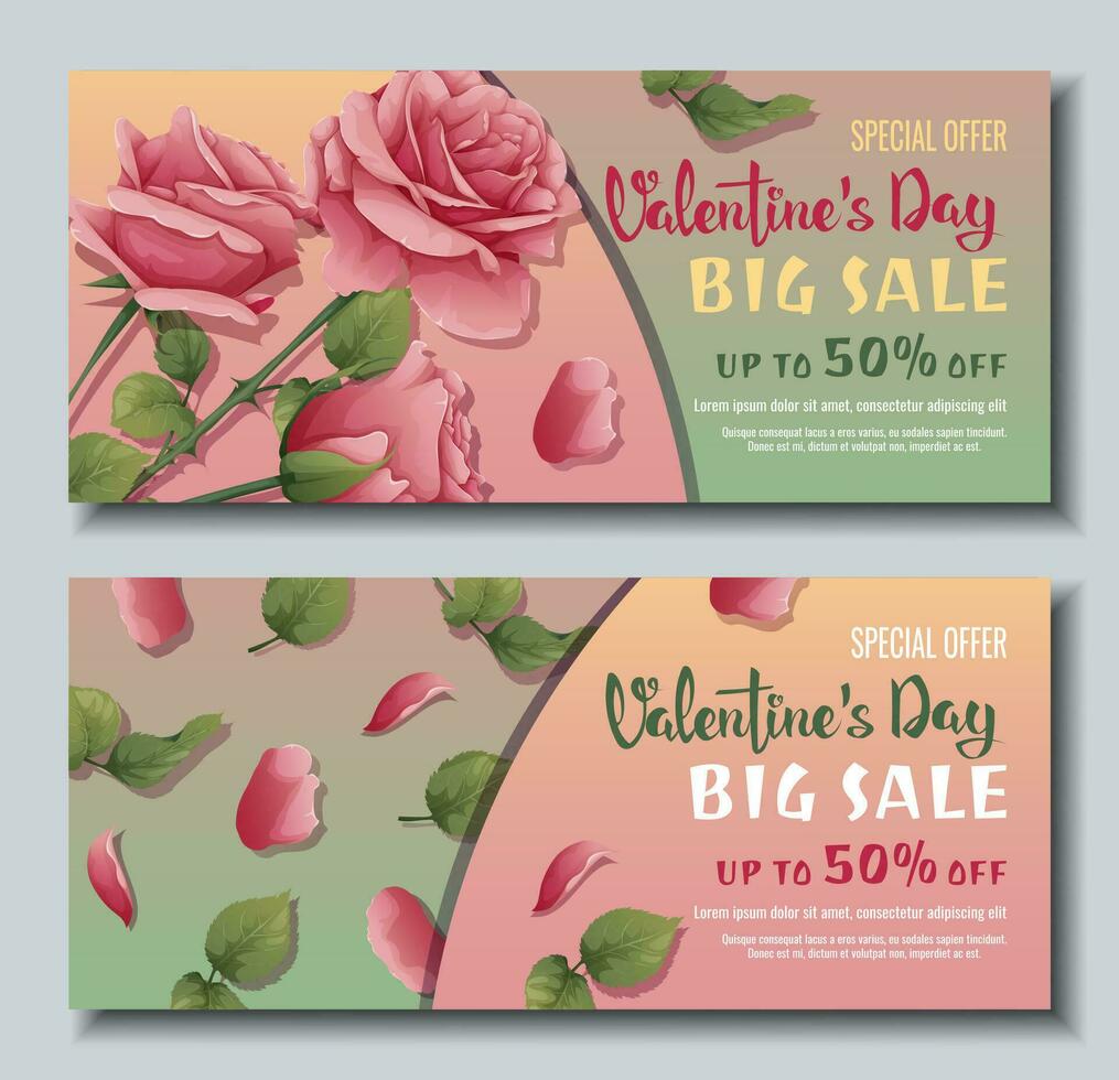 reeks van banners voor Valentijn s dag. achtergrond, poster met roze roos bloem met bladeren en bloemblaadjes. korting tegoedbon sjabloon voor liefde dag. vector