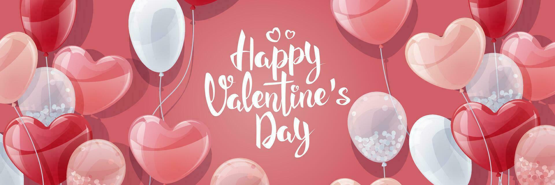 horizontaal banier met ballonnen. ontwerp voor Valentijnsdag dag en moeder dag. achtergrond, poster met vliegend helium ballonnen in de vorm van harten. vector