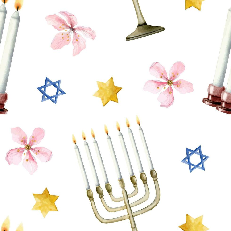sjabbat kaarsen, Joods menora, sterren van david en bloemen waterverf vector naadloos patroon Aan wit voor vergadering van zaterdag