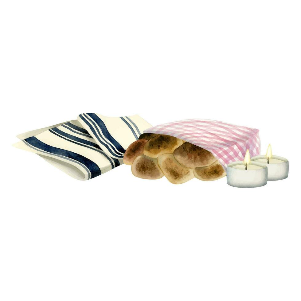 sjabbat challah gedekt met lap, twee kaarsen en Tallit voor gebed waterverf vector illustratie voor zaterdag vooravond ceremonie