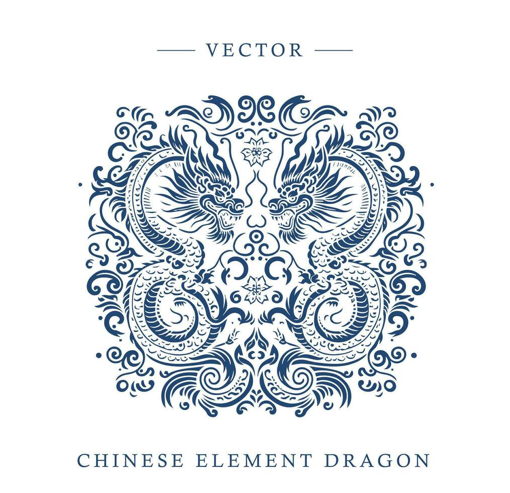 blauw en wit porselein Chinese draak patroon vector