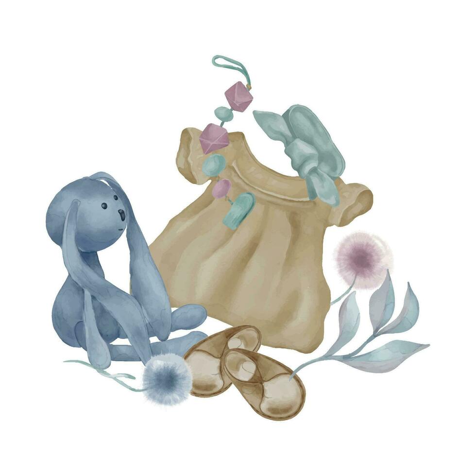 illustratie met meisje jurk en baby speelgoed geïsoleerd Aan wit achtergrond. hand- getrokken zacht konijn en bloemen. baby kleren in pastel tinten. elementen voor verjaardag kaart, uitnodiging, poster, meisje kamer vector
