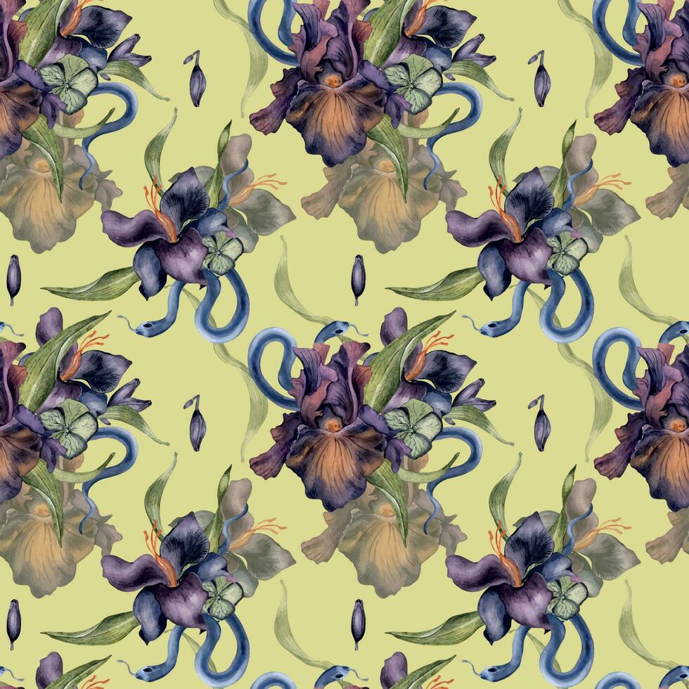 naadloos patroon met waterverf donker iris bloem en slang geïsoleerd Aan beige. gotisch bloemen afdrukken hand- getrokken. donker botanisch decoratie voor pakket. element voor ontwerp textiel, behang, omhulsel vector