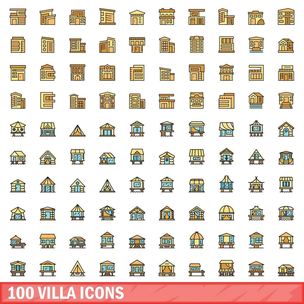 100 villa pictogrammen set, kleur lijn stijl vector