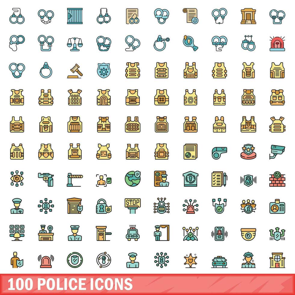 100 Politie pictogrammen set, kleur lijn stijl vector