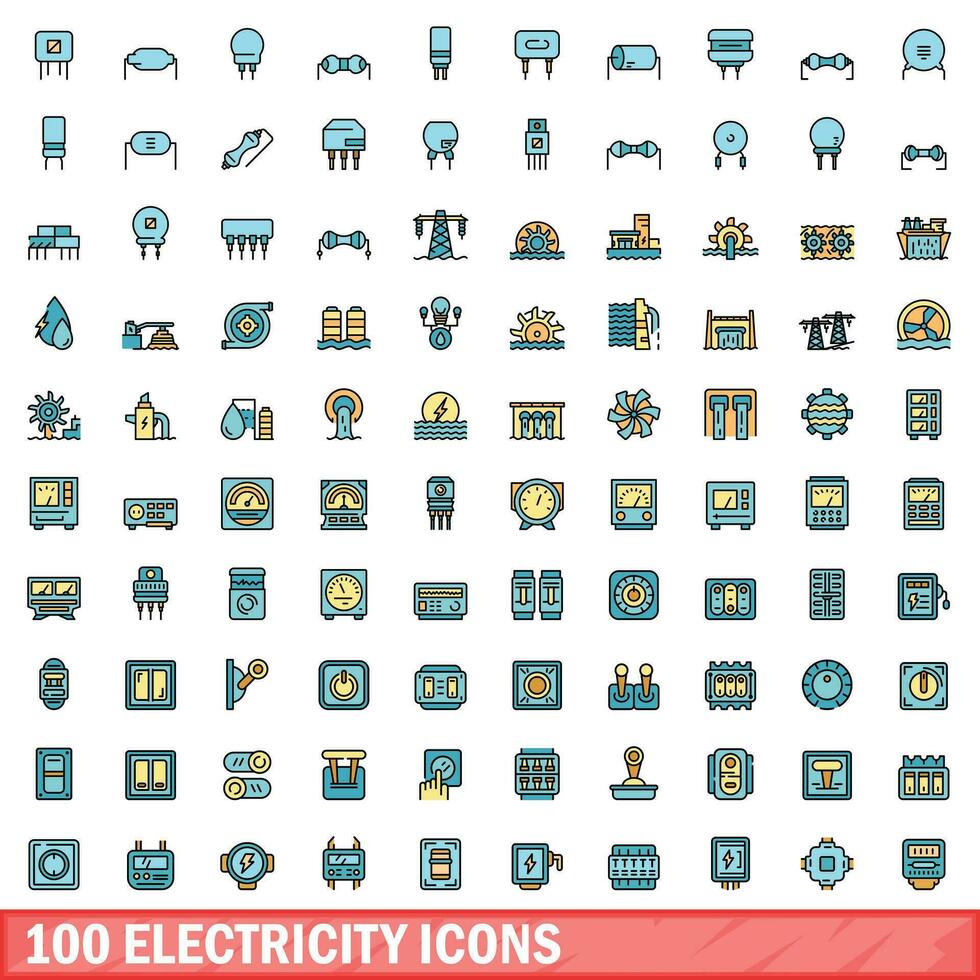 100 elektriciteit pictogrammen set, kleur lijn stijl vector