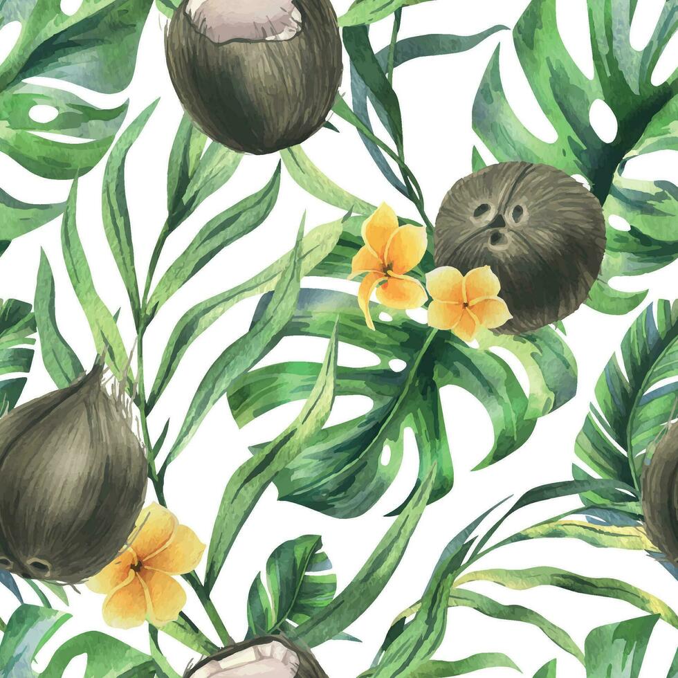 kokosnoten geheel, helften en stukken met helder, groente, tropisch palm bladeren en geel plumeria bloemen. hand- getrokken waterverf illustratie. naadloos patroon vector