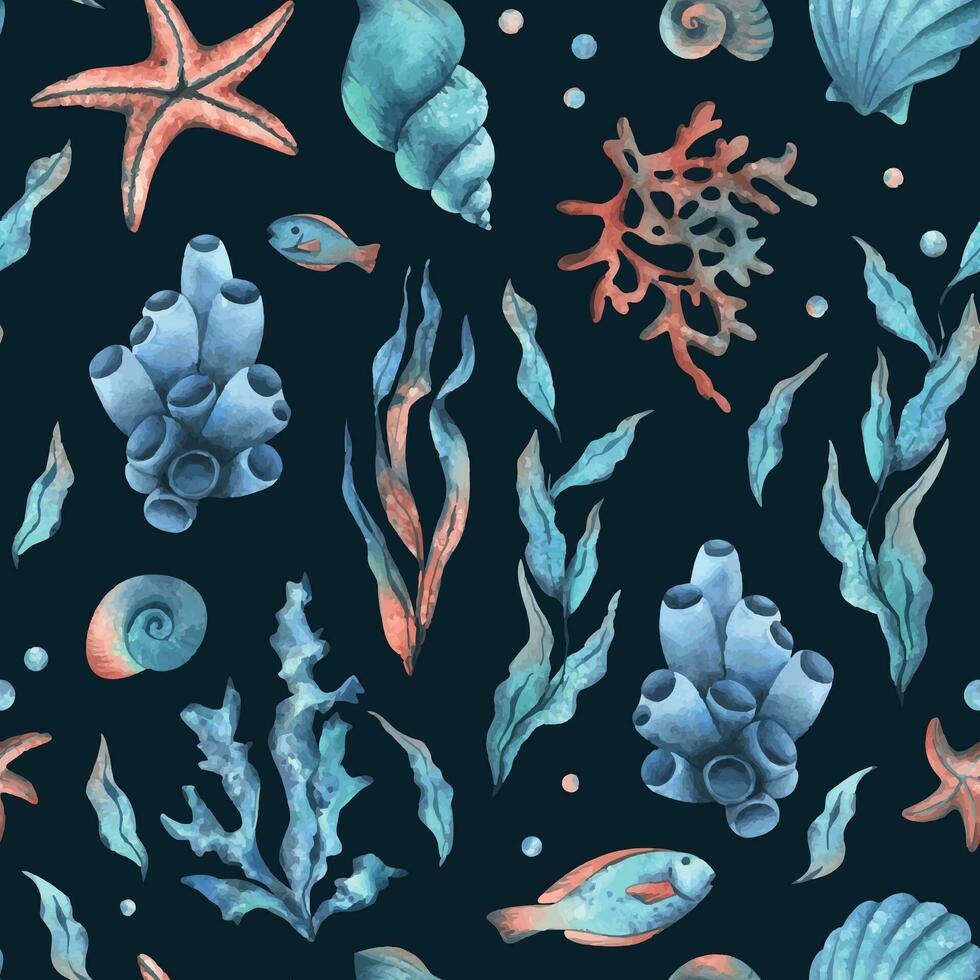 onderwater- wereld clip art met zee dieren vissen, zeester, schelpen, koraal en algen. hand- getrokken waterverf illustratie. naadloos patroon Aan een donker blauw achtergrond vector eps
