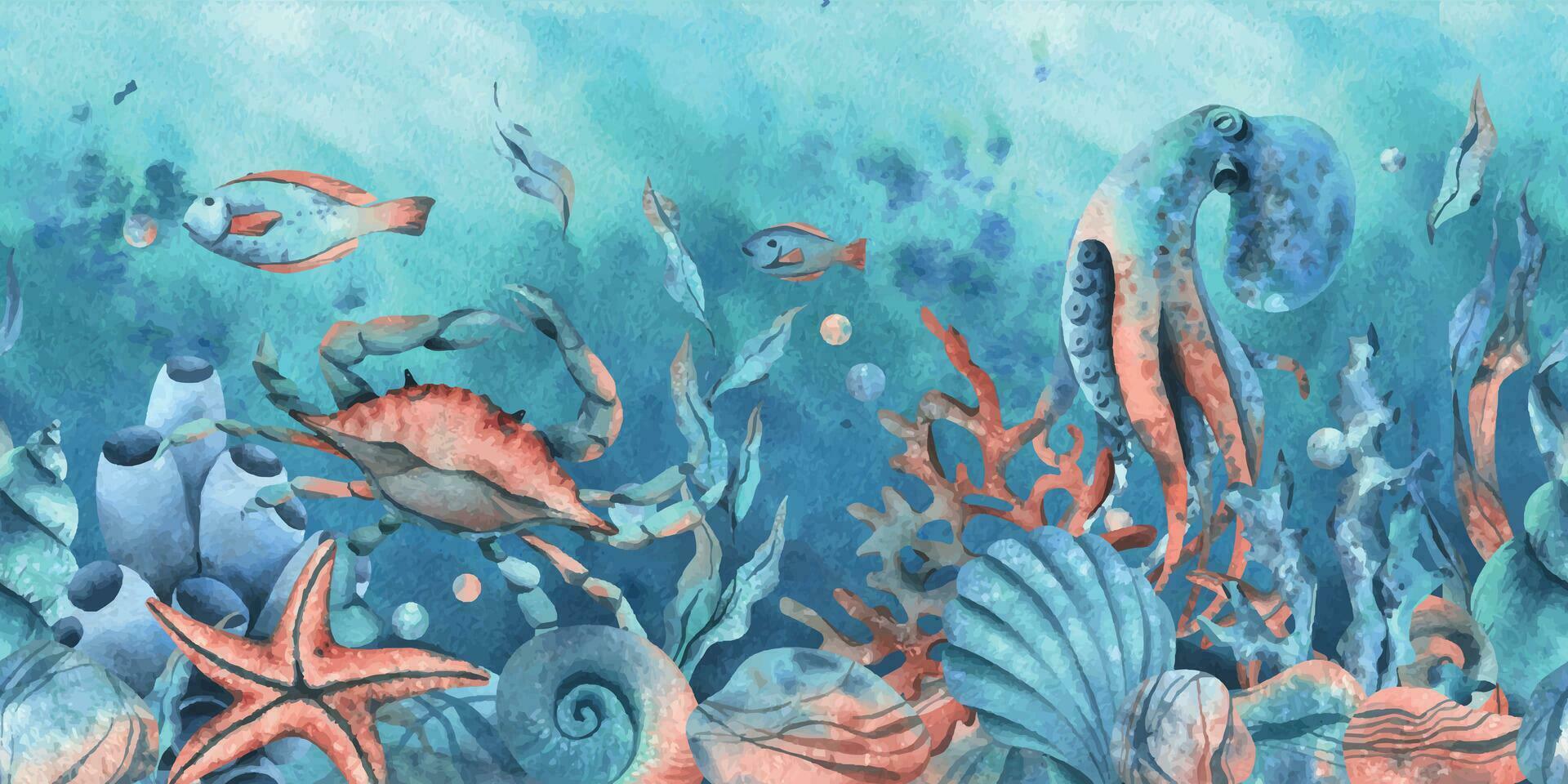 onderwater- wereld clip art met zee dieren walvis, schildpad, Octopus, zeepaardje, zeester, schelpen, koraal en algen. hand- getrokken waterverf illustratie. naadloos grens Aan een marinier achtergrond vector