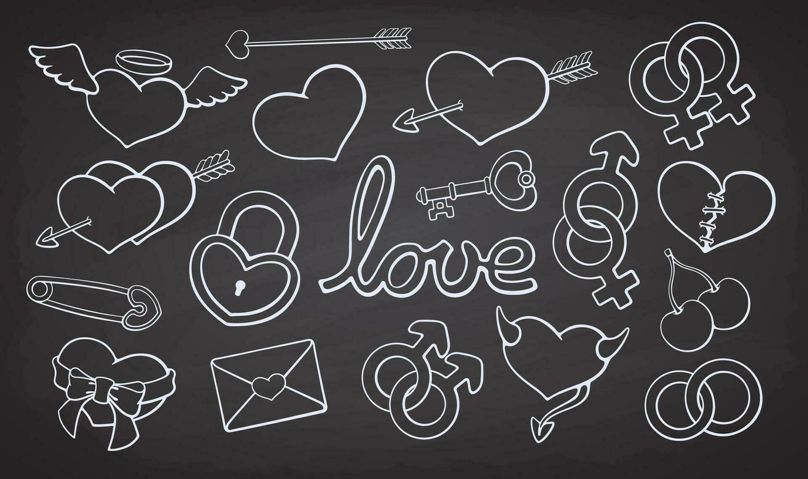 verzameling van harten en liefde symbolen. valentijnsdag dag tekening set. vector illustratie. hand- getrokken schets klem kunst. krijt stijl ontwerp element geïsoleerd Aan schoolbord achtergrond