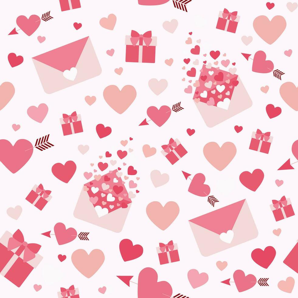 valentijnsdag harten met geschenk dozen en liefde berichten Aan roze achtergrond. vector naadloos patroon voor gelukkig moeders, valentijnsdag dag, romantisch groet kaart, textiel, kleding stof. ontwerp kunst eindeloos sjabloon.