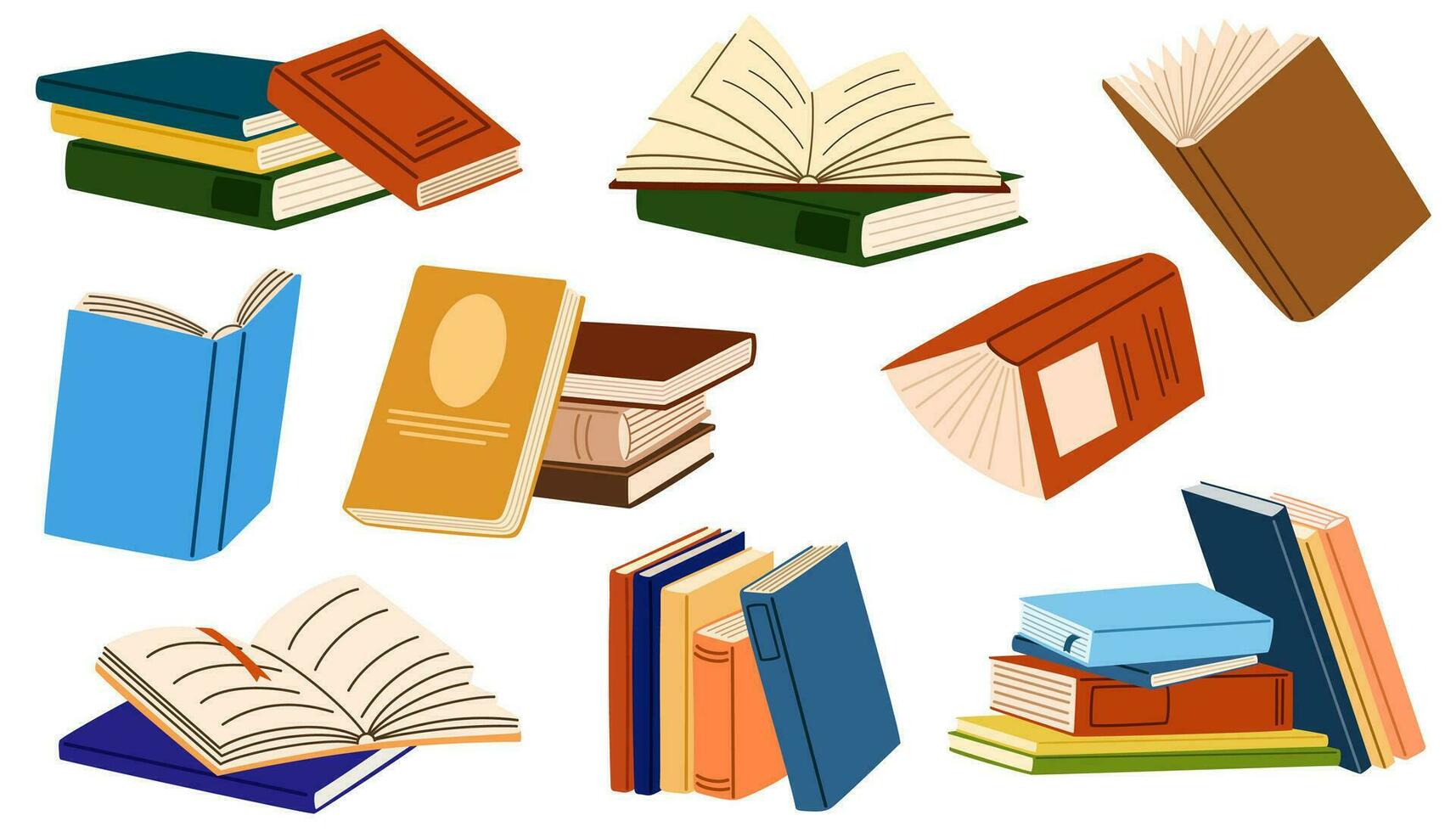 stapels van boeken voor lezing, stapel van leerboeken voor onderwijs. reeks van literatuur, woordenboeken, encyclopedieën, planners met bladwijzers. vlak vector illustratie geïsoleerd Aan wit achtergrond