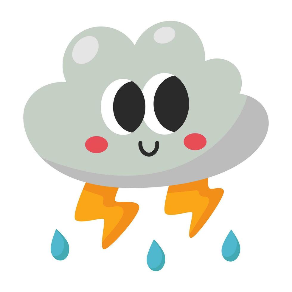 kawaii blauw wolk en bliksem onweersbui tekenfilm icoon. vector