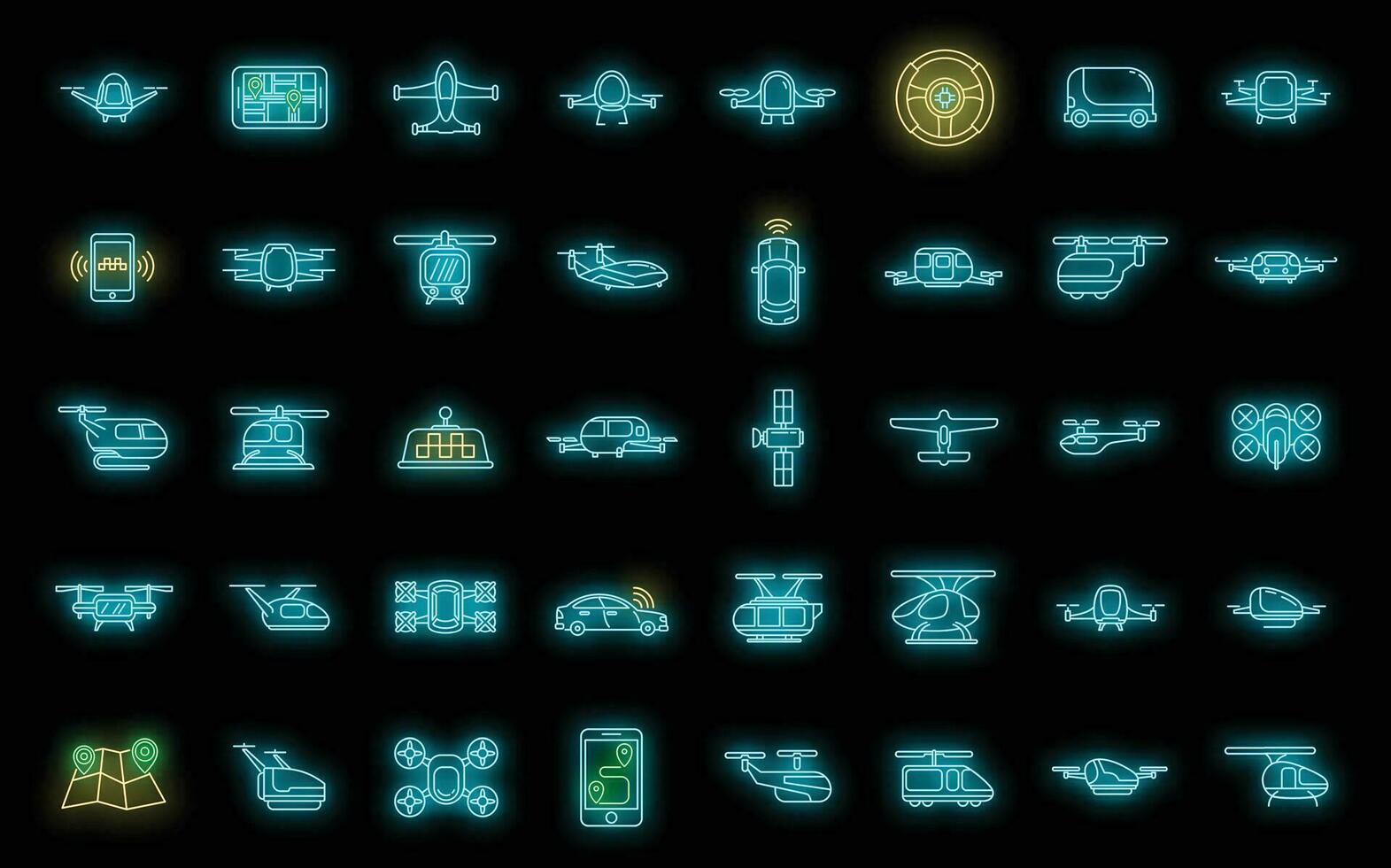 onbemande taxi rit pictogrammen reeks vector neon