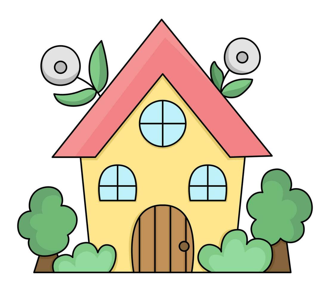 vector kawaii land huis icoon voor kinderen. schattig Pasen symbool illustratie. grappig tekenfilm huisje met bomen en bloemen. aanbiddelijk voorjaar tuin clip art