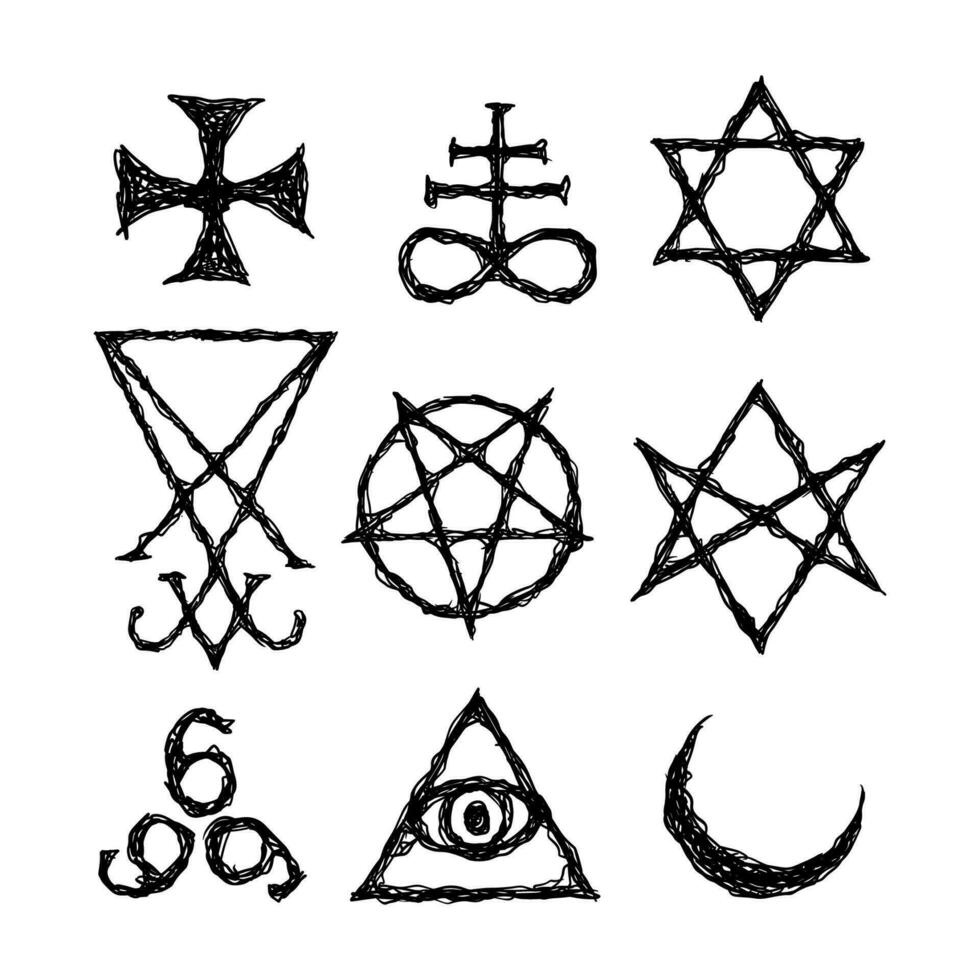 satanisch symbolen, middeleeuws occultisme, magie postzegels, sigils, sleutels, mystiek symbolen knopen, duivel kruis. sigil Lucifer baphomet vector