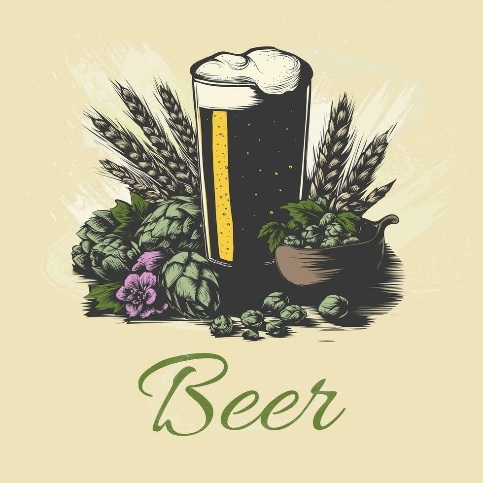 glas bier met schuim. oren van ontbijtgranen en hop Afdeling. vector gravure kleur wijnoogst illustratie voor web, poster, uitnodiging naar partij en oktoberfeest festival.