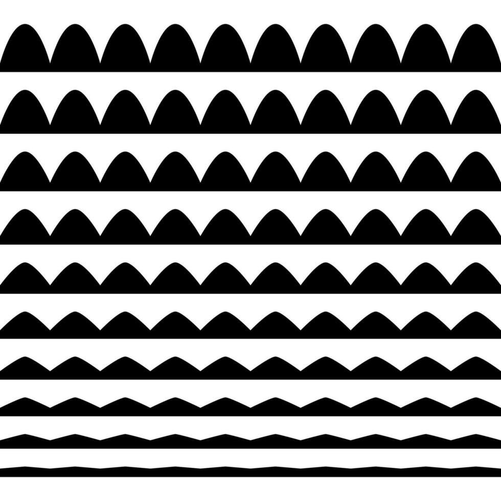 een verzameling van golvend zigzag horizontaal kronkelig lijnen, naadloos grenzen, en glad en hoekig grafisch ontwerp elementen reeks Aan een wit achtergrond. vector