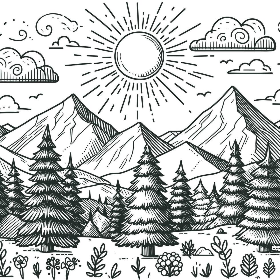 gemakkelijk schetsen kleur boek voor kinderen, illustraties van natuurlijk landschappen, met bergen en de zon, Daar zijn pijnboom bomen te vector