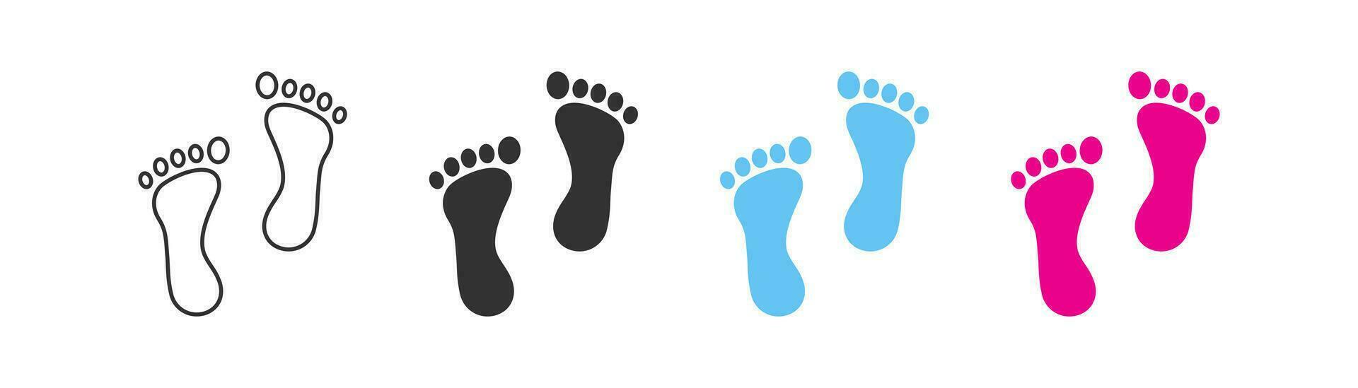 voetafdruk icoon. voet tekens. afdrukken stap symbool. menselijk wandelen symbolen. blootsvoets baby pictogrammen. zwart, roze, blauw kleur. vector teken.
