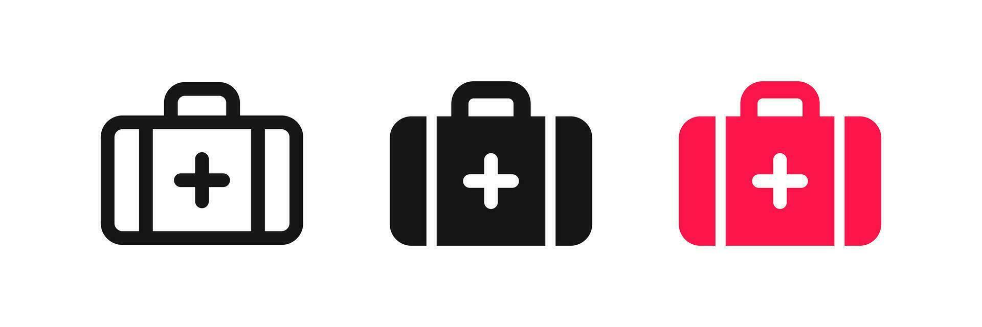 medisch koffer symbool. eerste steun tekens. uitrusting geval noodgeval zorg symbolen. apotheek pictogrammen. zwart, rood kleur. vector teken.