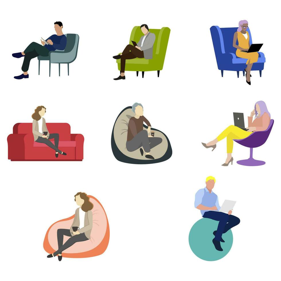 mensen vrouw Mens zitten Aan stoel en fauteuil. illustratie volwassen mensen tekenfilm zitten in bank, zittend Bij werk met laptop of lezen boek vector kleur