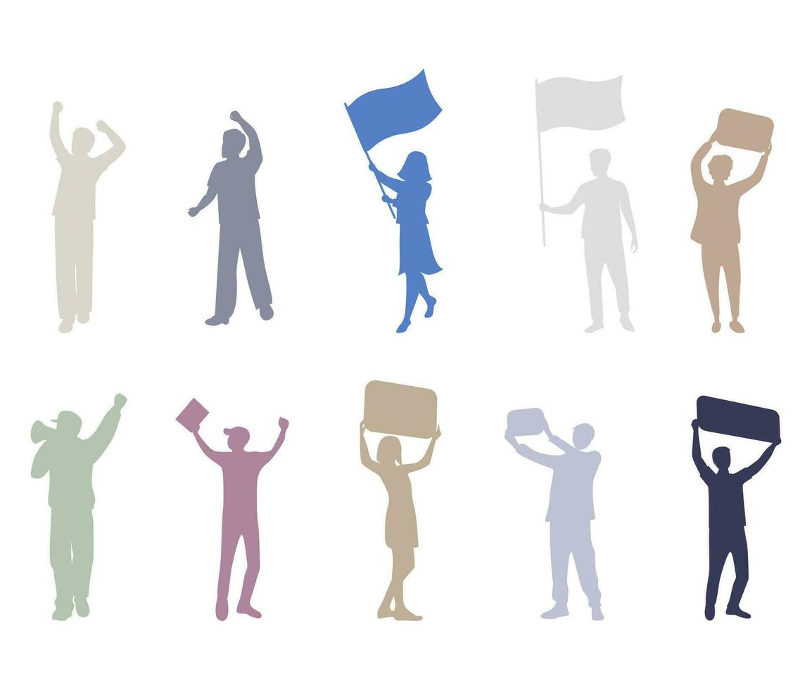 silhouet reeks mensen met plakkaten, demonstratie en herrie ontmoeting, strijd voor rechten, Mens en vrouw piket met uithangbord, openbaar Holding blanco, protest en revolutie staking. vector illustratie
