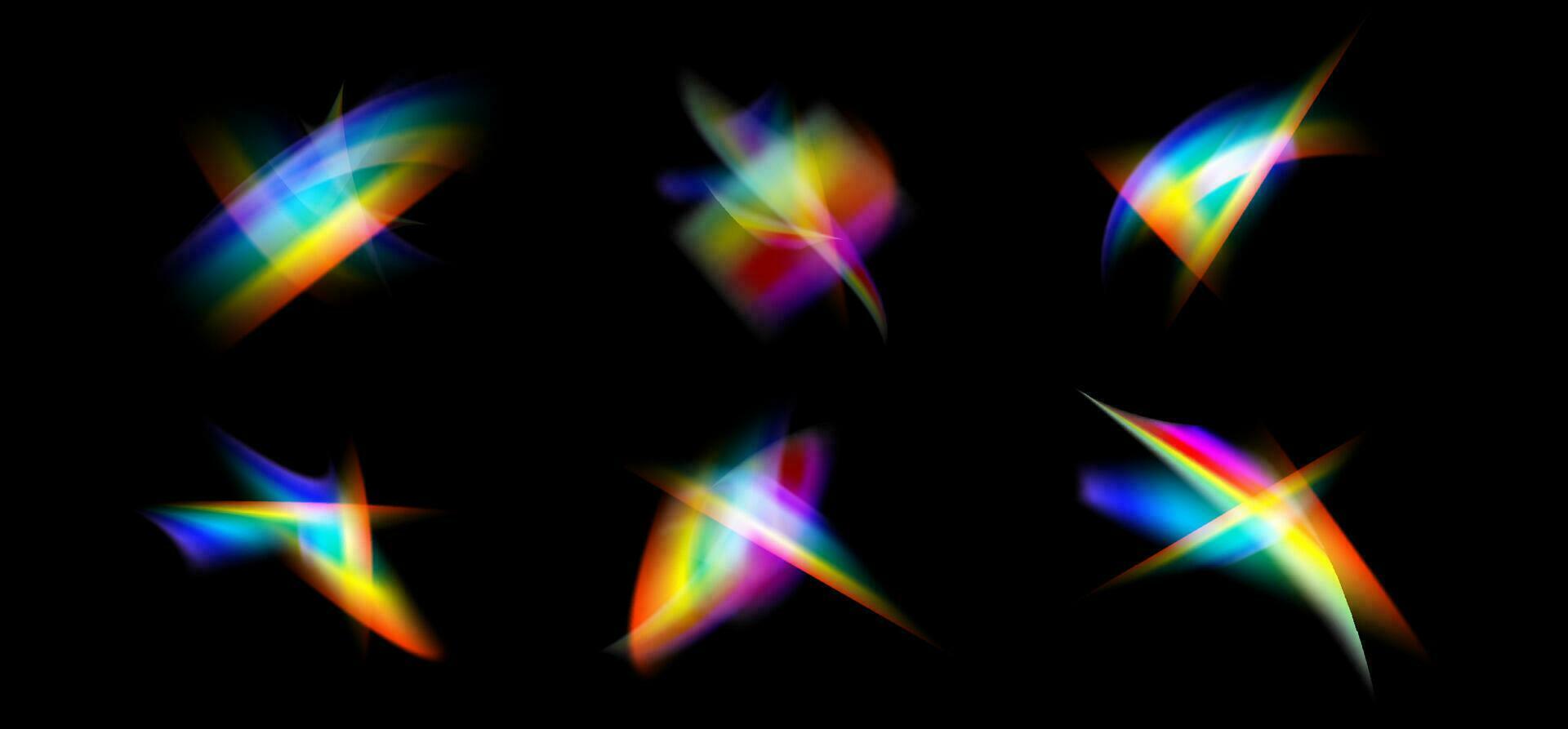 wazig regenboog breking bedekking effect set. licht lens prisma effect Aan zwart achtergrond. holografische reflectie, kristal gloed lekken schaduw overlappen. vector abstract illustratie.