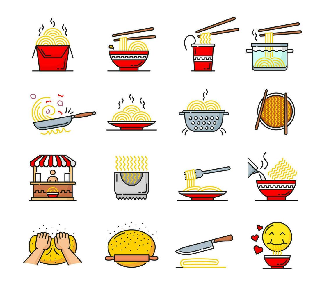noodle pictogrammen, ramen, udon roeren bakken pasta noedels vector