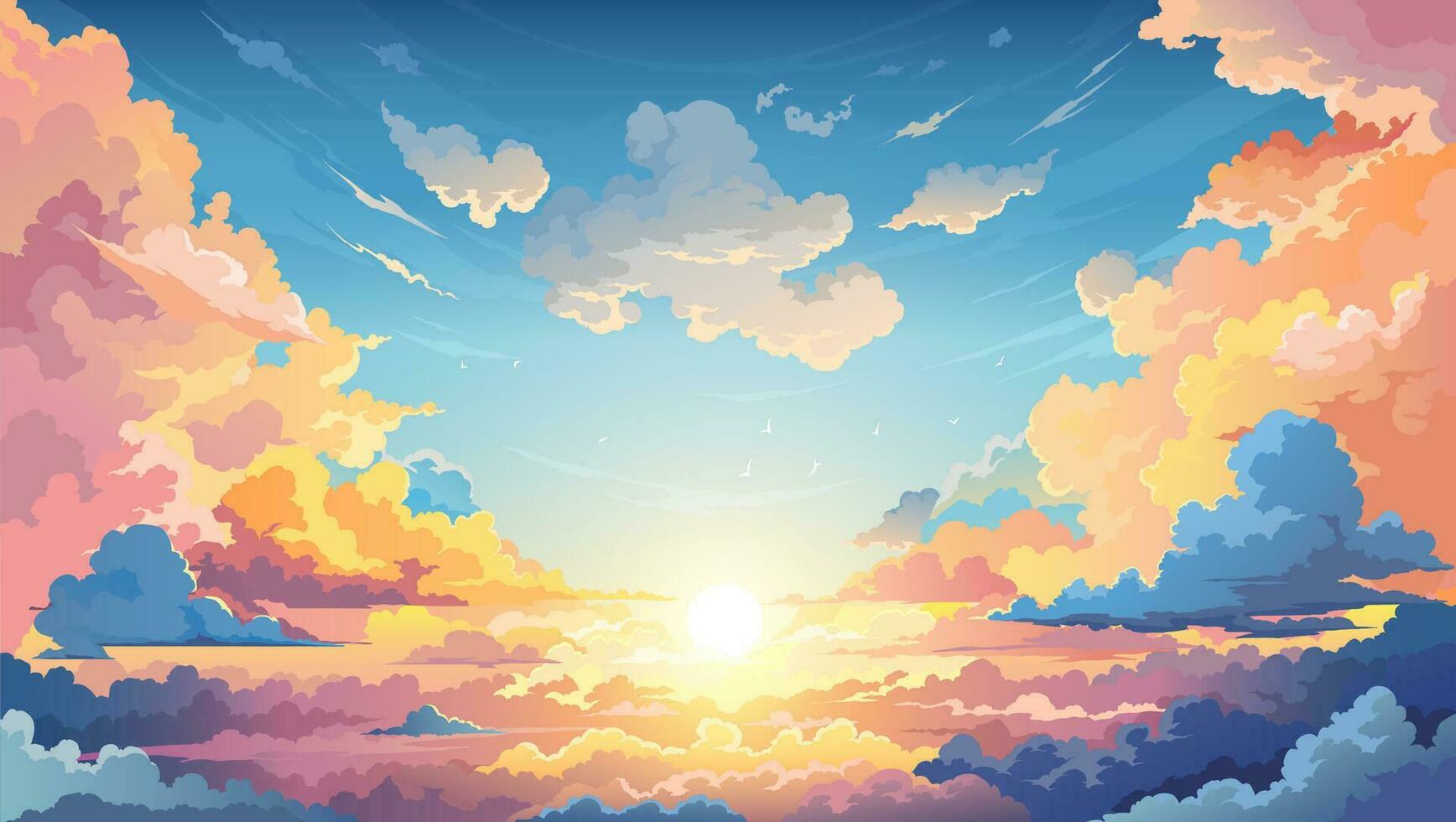 lucht zonsondergang anime achtergrond met wolken Aan horizon vector