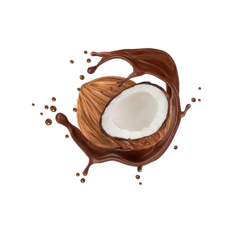 realistisch chocola melk drinken plons met kokosnoot vector