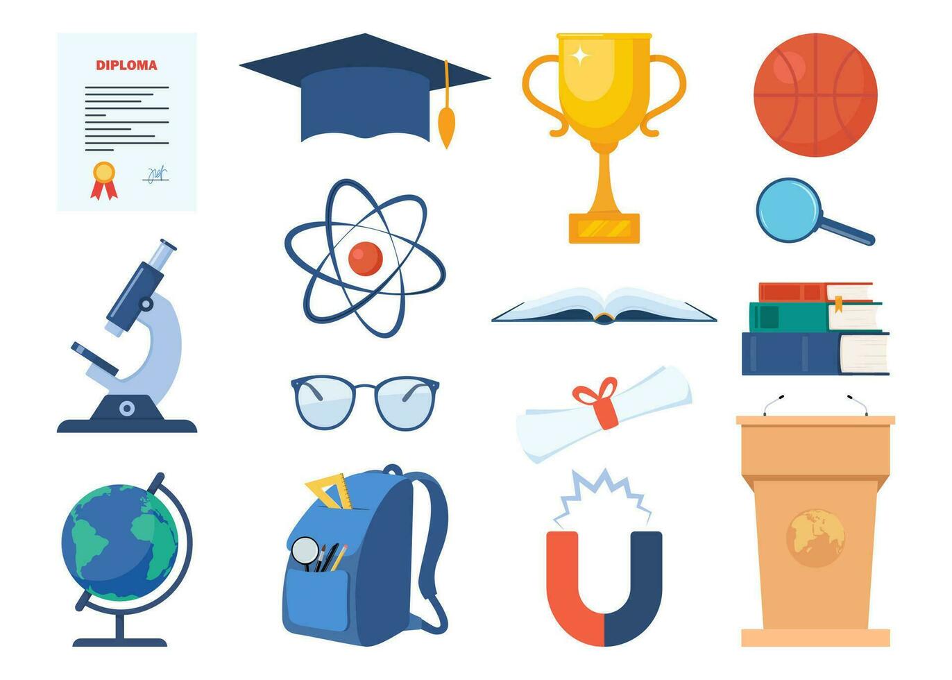 school, wetenschap, opleiding, diploma uitreiking pictogrammen. microscoop, atoom, boeken, diploma uitreiking pet, wereldbol, magneet, bril, gouden beker, dna, medaille, diploma. vector illustratie.