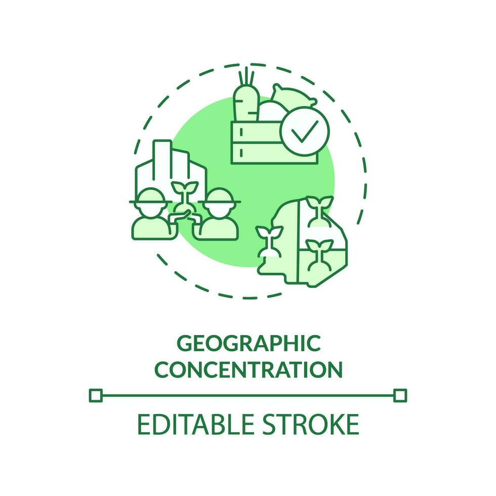 2d bewerkbare groen geografisch concentratie icoon, monochromatisch geïsoleerd vector, dun lijn illustratie vertegenwoordigen agrarisch clusters. vector