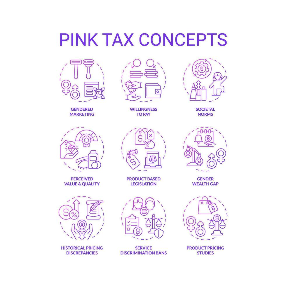 reeks van 2d helling dun lijn helling pictogrammen vertegenwoordigen roze belasting, geïsoleerd creatief vector, lineair illustratie. vector
