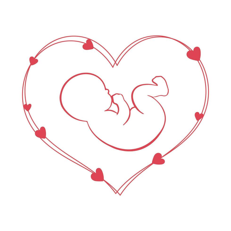 tekening van een baby embryo in een hart met harten in de omgeving van het. pasgeboren baby icoon, ansichtkaart, vector