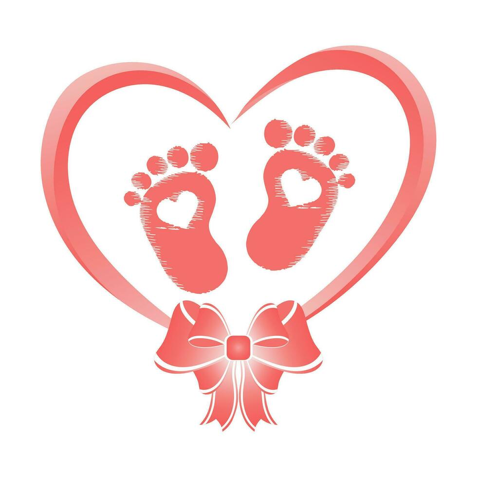 twee baby voetafdrukken in de hart met een boog. de symbool van de pasgeboren in de hart. pasgeborenen icoon, sticker, ansichtkaart, vector